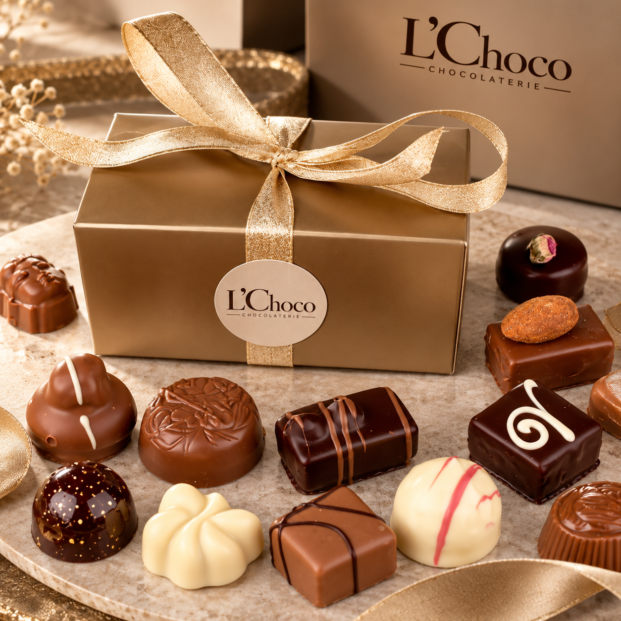 Illustratief verpakkingsconcept met L’Choco-geschenkdoos en bonbons