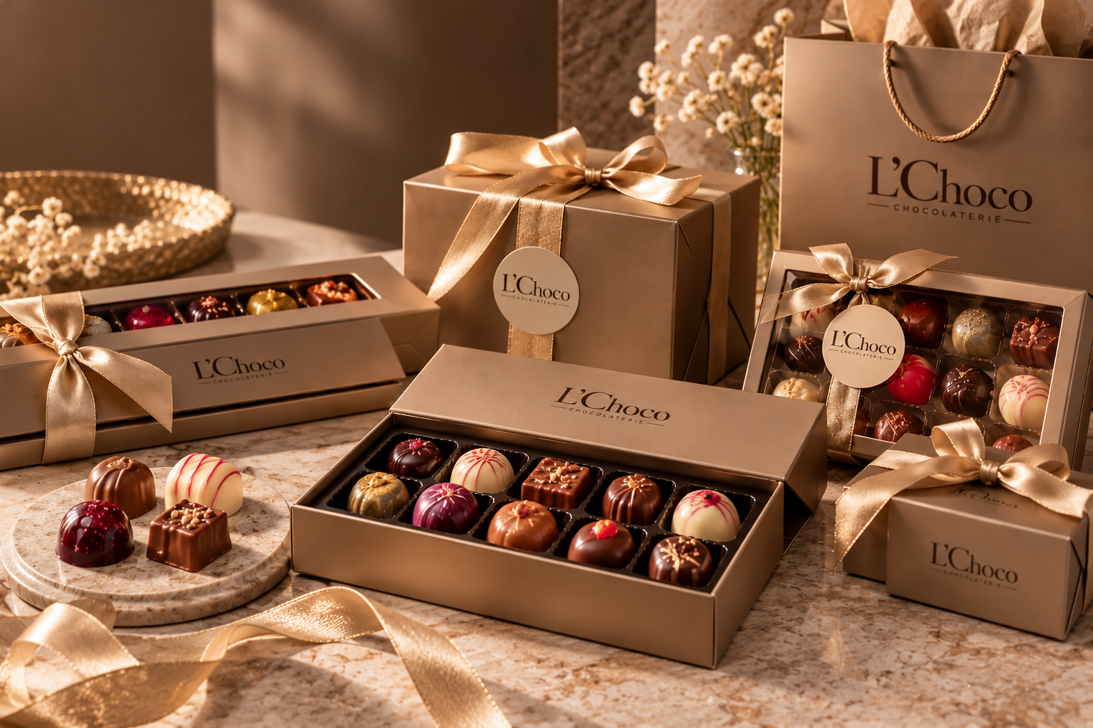 Luxe L'Choco gift sets met gouden linten, een draagtasje en een assortiment handgemaakte bonbons