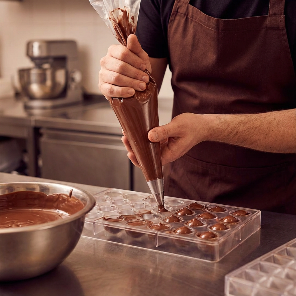 Het vullen van bonbonvormen met chocolade in een warm verlicht atelier