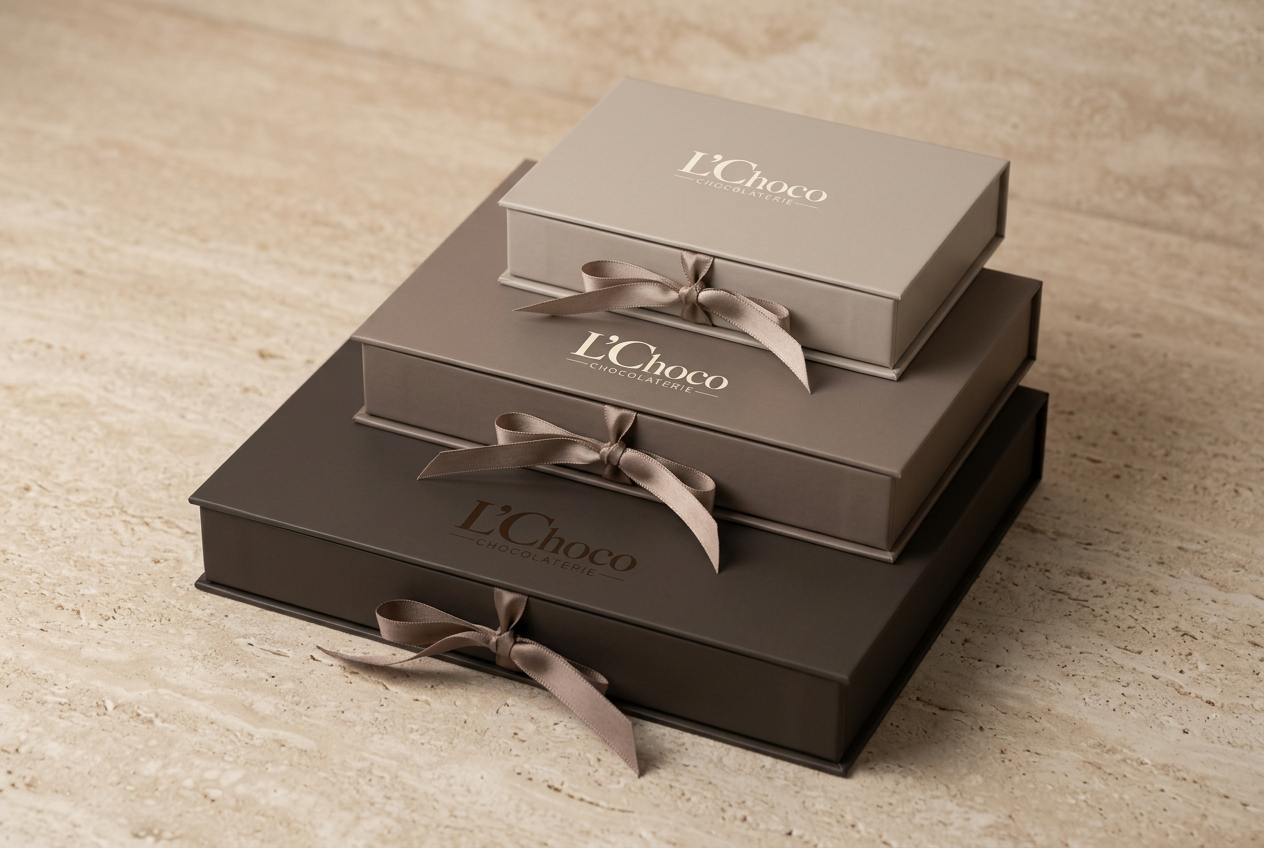 Conceptontwerp van L'Choco geschenkdozen in taupetinten